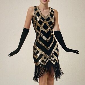 GatsbyLady London 1920s Golden Fringes Sequins Flapper Dress NWT- 20 US & 52 EUR